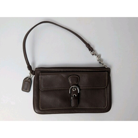 Coach Leather Wristlet Corner Zip Handbag English Saddle Brown Front Pocket - Picture 1 of 13
